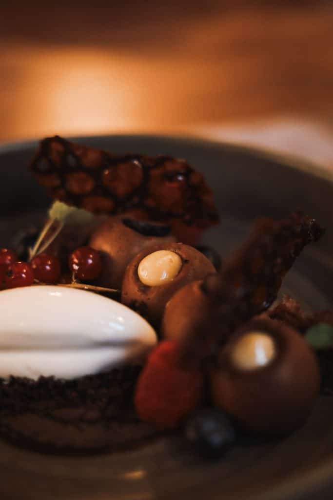 Köstlicher Nachtisch aus Schokolade mit frischen Früchten im Restaurant Wohnzimmer in der Rhön