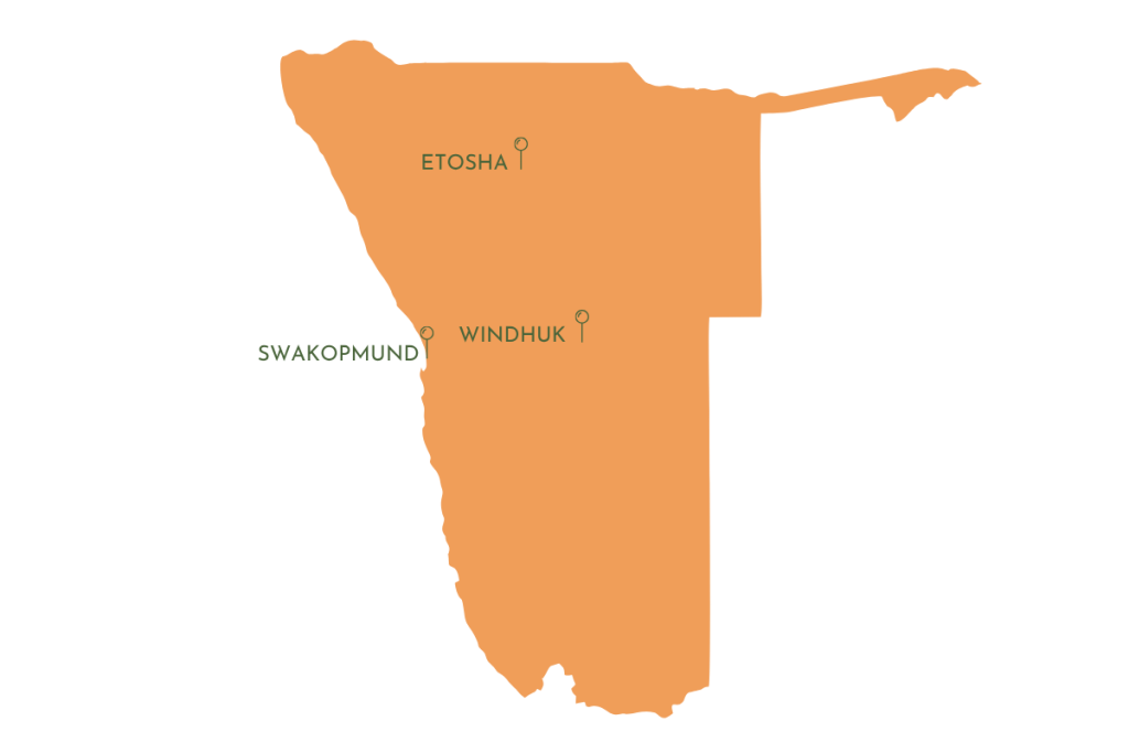 Karte von Namibia mit Etosha, Windhuk und Swakopmund